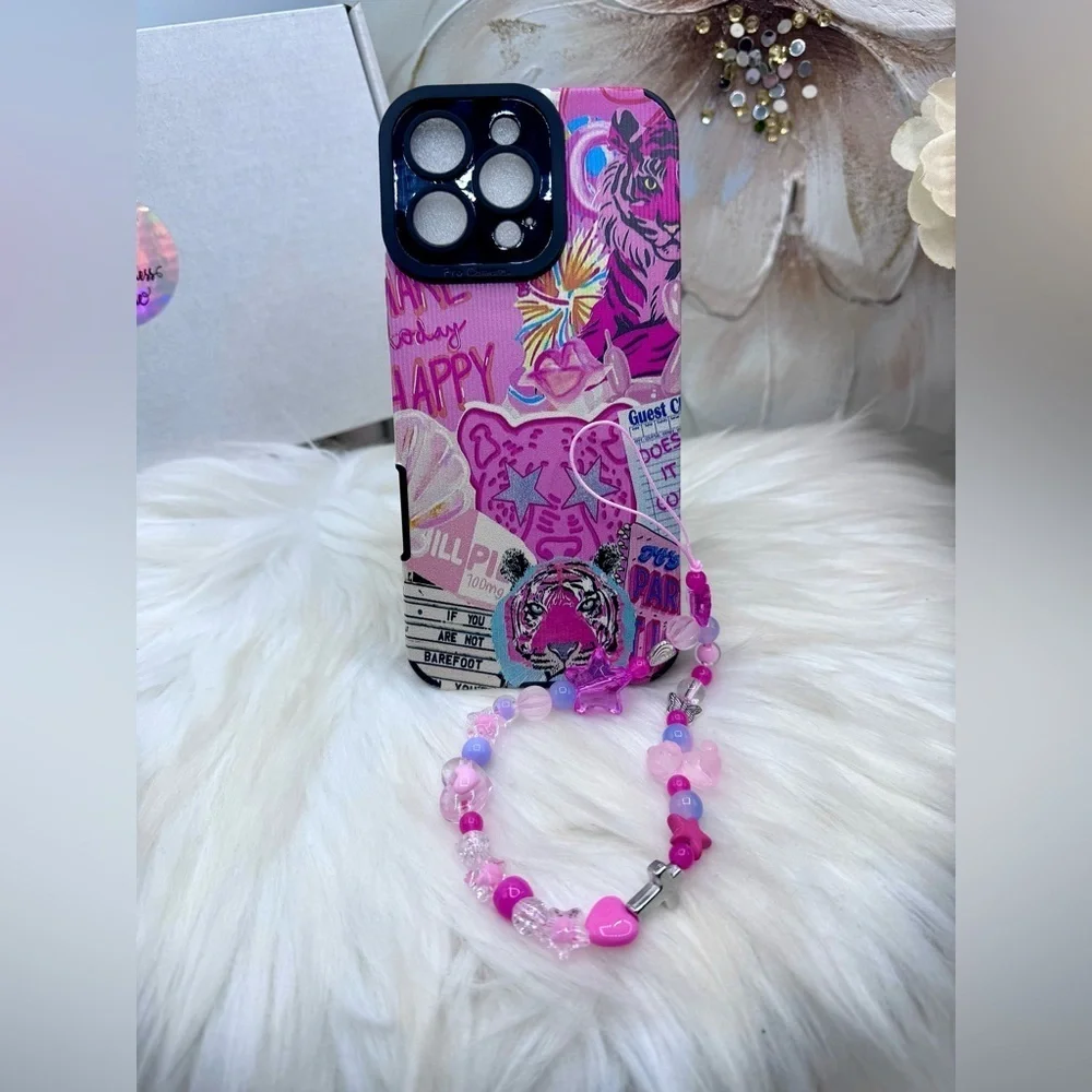 Vibrant Pink Tiger Graphic Themed iPhone 16 Pro Max Case with pink Beaded Strap